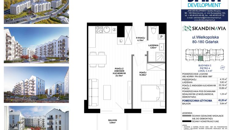 Rzut - Mieszkanie na sprzedaż 2 pokoje o powierzchni 43,28 m² - numer C.4.47 w Skandinavia