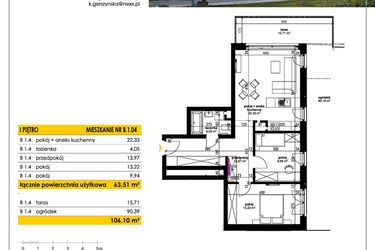 Rzut - Mieszkanie na sprzedaż 3 pokoje o powierzchni 63,6 m² - numer B 1.04 w Park Moniuszki II C