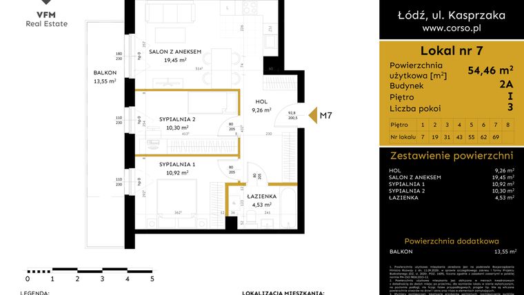 Rzut - Mieszkanie na sprzedaż 3 pokoje o powierzchni 54,46 m² - numer 2A.7 w Corso etap 2