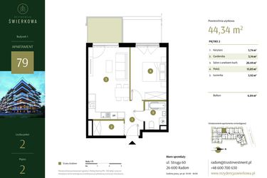 Rzut - Mieszkanie na sprzedaż 2 pokoje o powierzchni 44,34 m² - numer 79 w Rezydencja Świerkowa