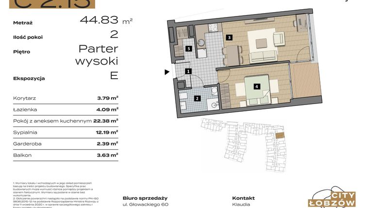Rzut - Mieszkanie na sprzedaż 2 pokoje o powierzchni 44,83 m² - numer C 2.15 w City Łobzów