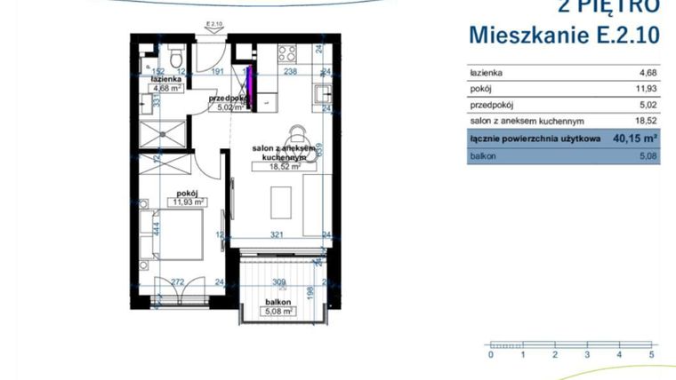 Rzut - Mieszkanie na sprzedaż 2 pokoje o powierzchni 40,15 m² - numer E.2.10 w Wzgórze Poetów 2