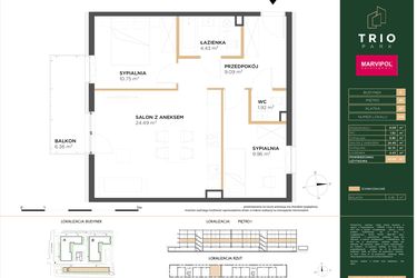 Rzut - Mieszkanie na sprzedaż 3 pokoje o powierzchni 60,64 m² - numer C016 w Trio Park bud. C