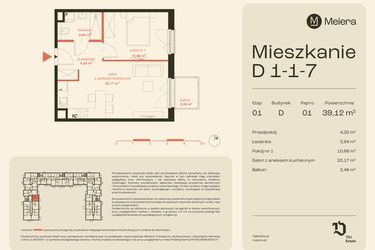 Rzut - Mieszkanie na sprzedaż 2 pokoje o powierzchni 39,12 m² - numer D1-1-7 w Osiedle Meiera