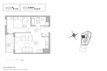 Rzut - Mieszkanie na sprzedaż 2 pokoje o powierzchni 43,54 m² - numer B1.14.6 w Alvarium 2.0