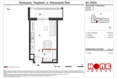 Rzut - Mieszkanie na sprzedaż 1 pokój o powierzchni 27,66 m² - numer B1-A020 w Warszawski Świt etap VIII