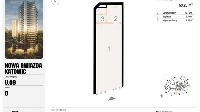 Rzut - Lokal użytkowy na sprzedaż 3 pokoje o powierzchni 53,2 m² - numer U.09 w Nowa Gwiazda