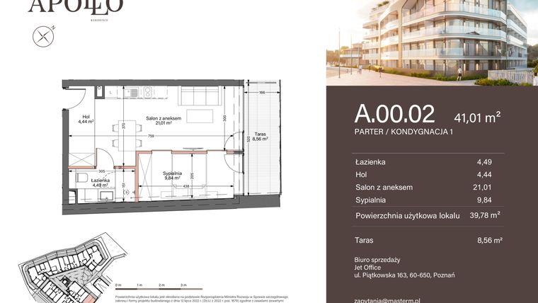 Rzut - Mieszkanie na sprzedaż 2 pokoje o powierzchni 39,78 m² - numer A.0.02 w Apollo Residence