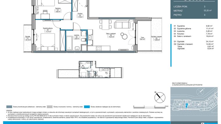 Rzut - Mieszkanie na sprzedaż 3 pokoje o powierzchni 53,35 m² - numer CC0006 w Talarowa Park