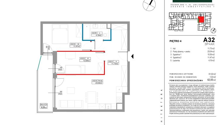 Rzut - Mieszkanie na sprzedaż 3 pokoje o powierzchni 61,02 m² - numer A032 w Grunwald Między Drzewami etap II