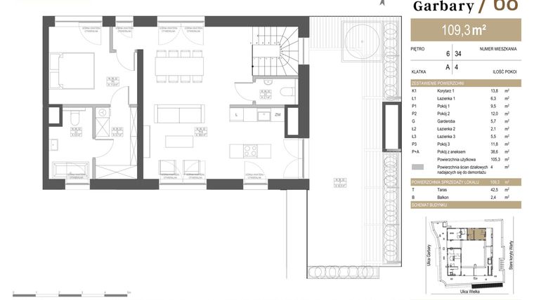 Rzut - Mieszkanie na sprzedaż 4 pokoje o powierzchni 109,3 m² - numer 34 w Garbary 68