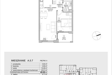 Rzut - Mieszkanie na sprzedaż 2 pokoje o powierzchni 43,22 m² - numer A.5.7 w ATAL Symbioza IA