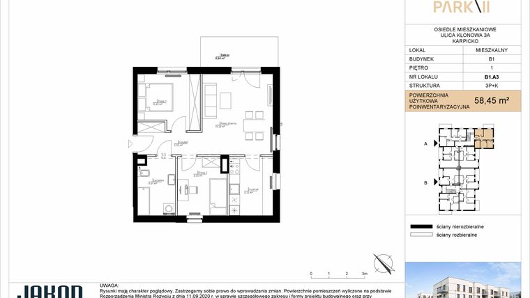 Rzut - Mieszkanie na sprzedaż 3 pokoje o powierzchni 58,45 m² - numer B1.A3 w Merano Park II