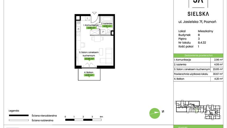 Rzut - Mieszkanie na sprzedaż 1 pokój o powierzchni 30,67 m² - numer B.4.32 w JA_SIELSKA V