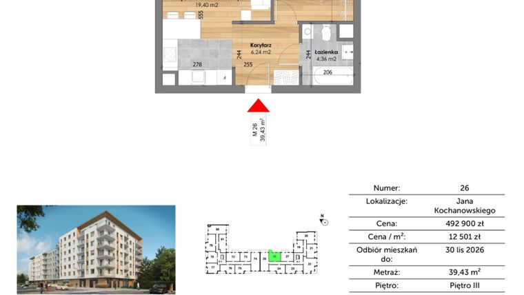 Rzut - Mieszkanie na sprzedaż 1 pokój o powierzchni 39,43 m² - numer M26 w Przy Kochanowskiego