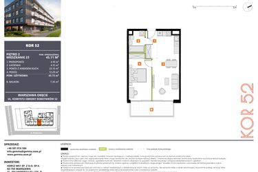 Rzut - Mieszkanie na sprzedaż 2 pokoje o powierzchni 43,73 m² - numer M23 w KOR 52