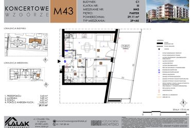 Rzut - Mieszkanie na sprzedaż 2 pokoje o powierzchni 29,11 m² - numer C1_M43 w Koncertowe Wzgórze etap II