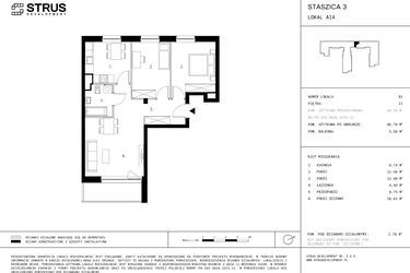 Rzut - Mieszkanie na sprzedaż 3 pokoje o powierzchni 66,76 m² - numer 2.A14 w Staszica 3
