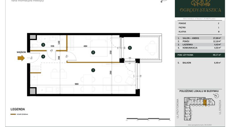 Rzut - Mieszkanie na sprzedaż 2 pokoje o powierzchni 48,17 m² - numer B.51 w Ogrody Staszica