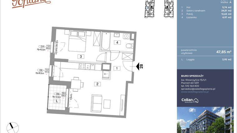Rzut - Mieszkanie na sprzedaż 2 pokoje o powierzchni 47,85 m² - numer F28 w Goplana budynek F