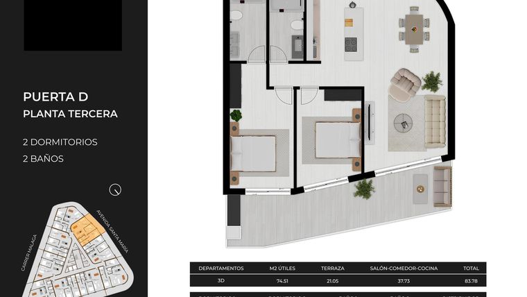 Rzut - Mieszkanie na sprzedaż 2 pokoje o powierzchni 105 m² - numer 3-D w Mieszkania w Calpe - 94000145