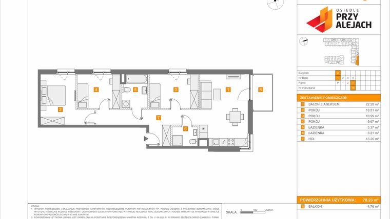 Rzut - Mieszkanie na sprzedaż 4 pokoje o powierzchni 78,23 m² - numer 3.1.D.19 w Osiedle przy Alejach etap 3