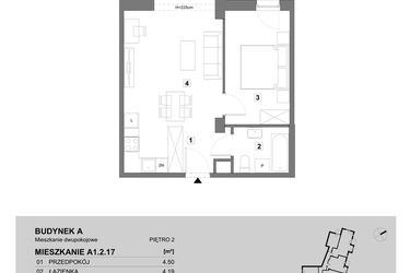 Rzut - Mieszkanie na sprzedaż 2 pokoje o powierzchni 46,98 m² - numer A1.2.17 w ATAL Grabiszyn