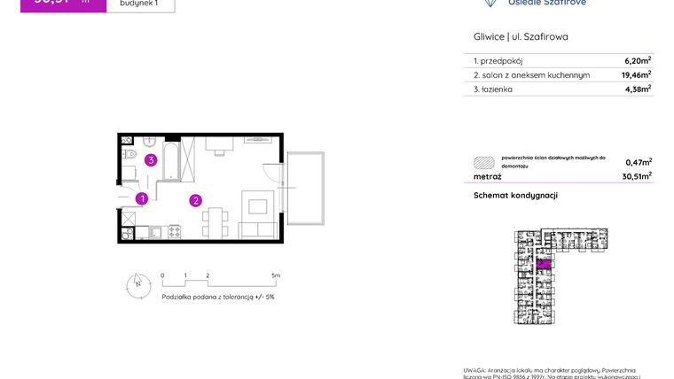 Rzut - Mieszkanie na sprzedaż 1 pokój o powierzchni 30,51 m² - numer 1.A.3.02 w Murapol Osiedle Szafirove II