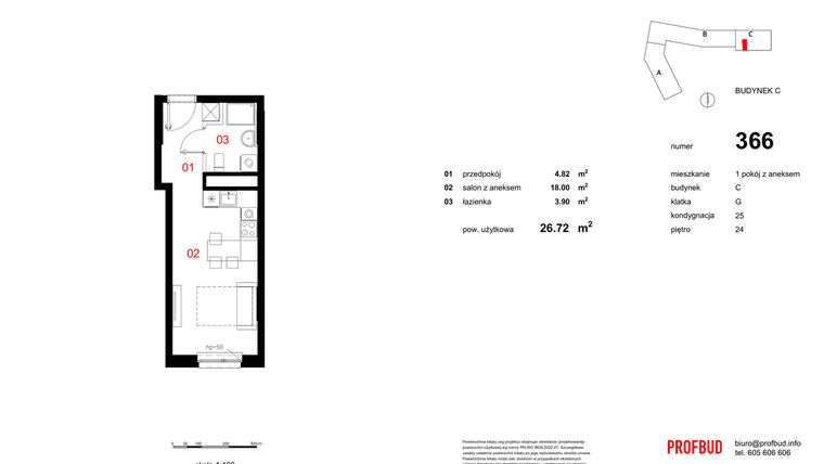 Rzut - Mieszkanie na sprzedaż 1 pokój o powierzchni 26,72 m² - numer 366 w Osiedle Mocha Tower