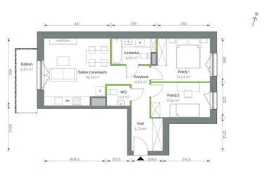 Rzut - Mieszkanie na sprzedaż 3 pokoje o powierzchni 55,82 m² - numer 3/B/4/90 w Oliwska Vita