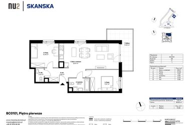 Rzut - Mieszkanie na sprzedaż 3 pokoje o powierzchni 65,3 m² - numer BC0101 w NU2 Warszawa Wola