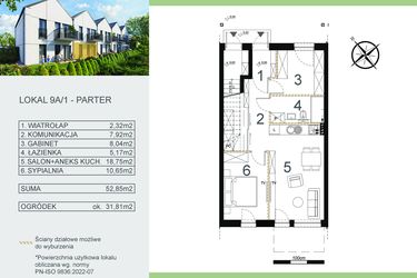 Rzut - Mieszkanie na sprzedaż 3 pokoje o powierzchni 52,85 m² - numer 9A/1 w Zamiejska 9