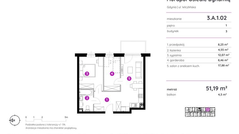 Rzut - Mieszkanie na sprzedaż 2 pokoje o powierzchni 51,19 m² - numer 3.A.1.02 w Murapol Osiedle Dynamiq