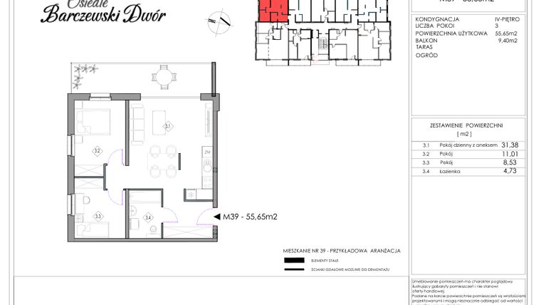 Rzut - Mieszkanie na sprzedaż 3 pokoje o powierzchni 55,65 m² - numer 39 w Osiedle Barczewski Dwór etap II