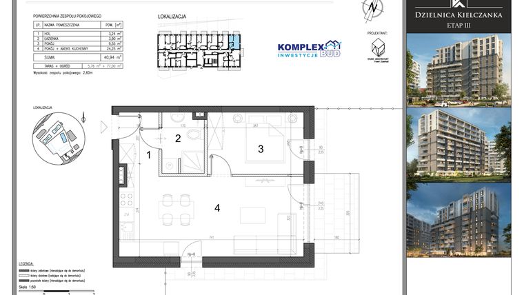Rzut - Mieszkanie na sprzedaż 2 pokoje o powierzchni 40,94 m² - numer ZP9 w Dzielnica Kielczanka etap III