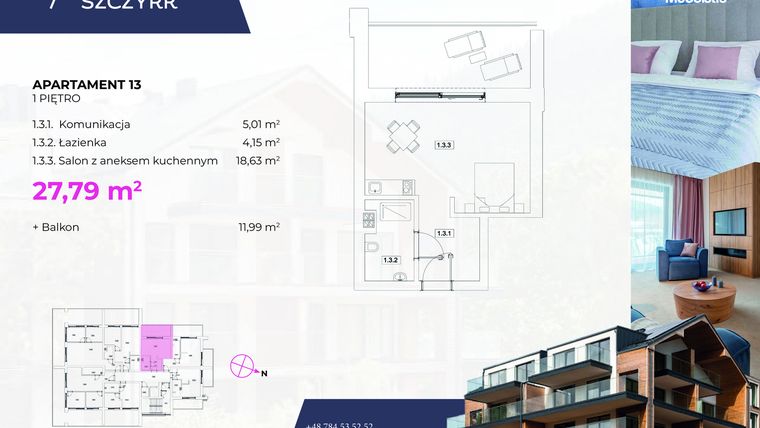 Rzut - Mieszkanie na sprzedaż 1 pokój o powierzchni 27,79 m² - numer 13 w Novy Szczyrk