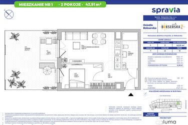 Rzut - Mieszkanie na sprzedaż 2 pokoje o powierzchni 42,91 m² - numer B1.1 w Osiedle Bokserska 2