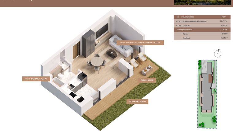 Rzut - Mieszkanie na sprzedaż 1 pokój o powierzchni 33,26 m² - numer 2 w Apartamenty Częstochowska