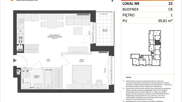 Rzut - Mieszkanie na sprzedaż 2 pokoje o powierzchni 39,81 m² - numer C8.22 w Konstelacja etap IV