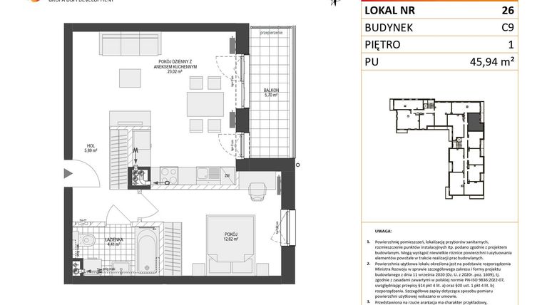 Rzut - Mieszkanie na sprzedaż 2 pokoje o powierzchni 45,94 m² - numer C9.26 w Konstelacja etap V