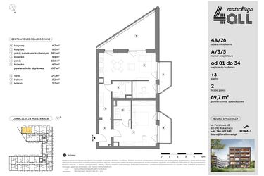 Rzut - Mieszkanie na sprzedaż 2 pokoje o powierzchni 69,62 m² - numer A/3/5 w Osiedle Mateckiego 4ALL