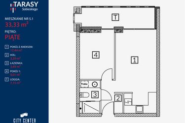 Rzut - Mieszkanie na sprzedaż 2 pokoje o powierzchni 33,33 m² - numer B2.M.5.1 w Tarasy Sobieskiego