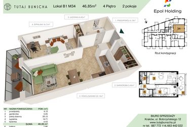 Rzut - Mieszkanie na sprzedaż 2 pokoje o powierzchni 46,85 m² - numer B1.M34 w Tutaj Bunscha