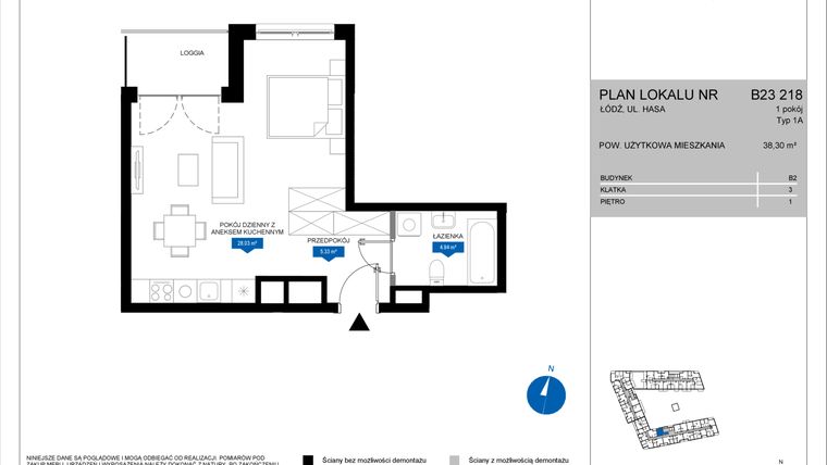 Rzut - Mieszkanie na sprzedaż 1 pokój o powierzchni 38,3 m² - numer B23 218 w Flow - bud. B2 A i bud. B2 B