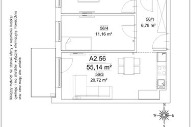 Rzut - Mieszkanie na sprzedaż 3 pokoje o powierzchni 55,14 m² - numer 5B/56 w FORTnatura etap II