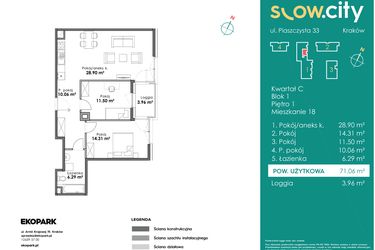 Rzut - Mieszkanie na sprzedaż 3 pokoje o powierzchni 71,06 m² - numer C1-18 w Slow City