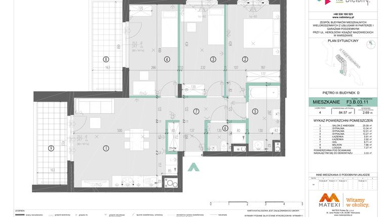 Rzut - Mieszkanie na sprzedaż 4 pokoje o powierzchni 84,69 m² - numer F3.B.03.11 w Na Bielany! etap III