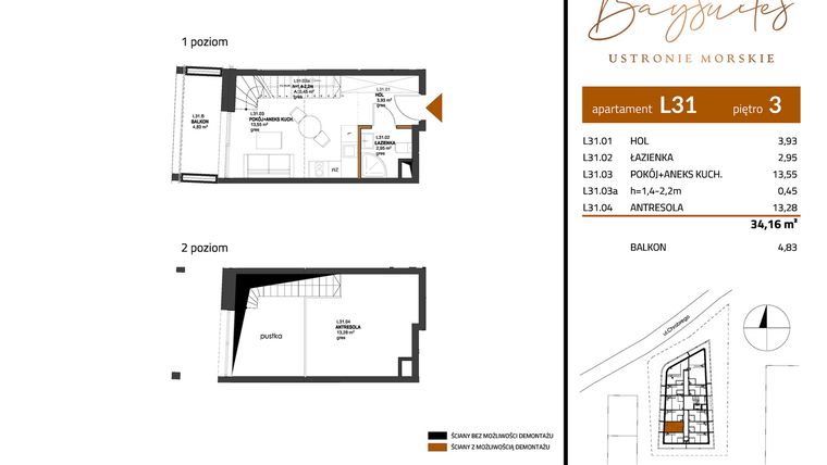 Rzut - Mieszkanie na sprzedaż 2 pokoje o powierzchni 34,16 m² - numer AP.3.31 w Baysuites