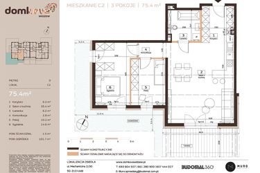 Rzut - Mieszkanie na sprzedaż 3 pokoje o powierzchni 75,4 m² - numer C2 w Domkove Widzew