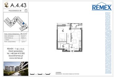 Rzut - Mieszkanie na sprzedaż 1 pokój o powierzchni 34,15 m² - numer A.4.43 w Osiedle BALTICA